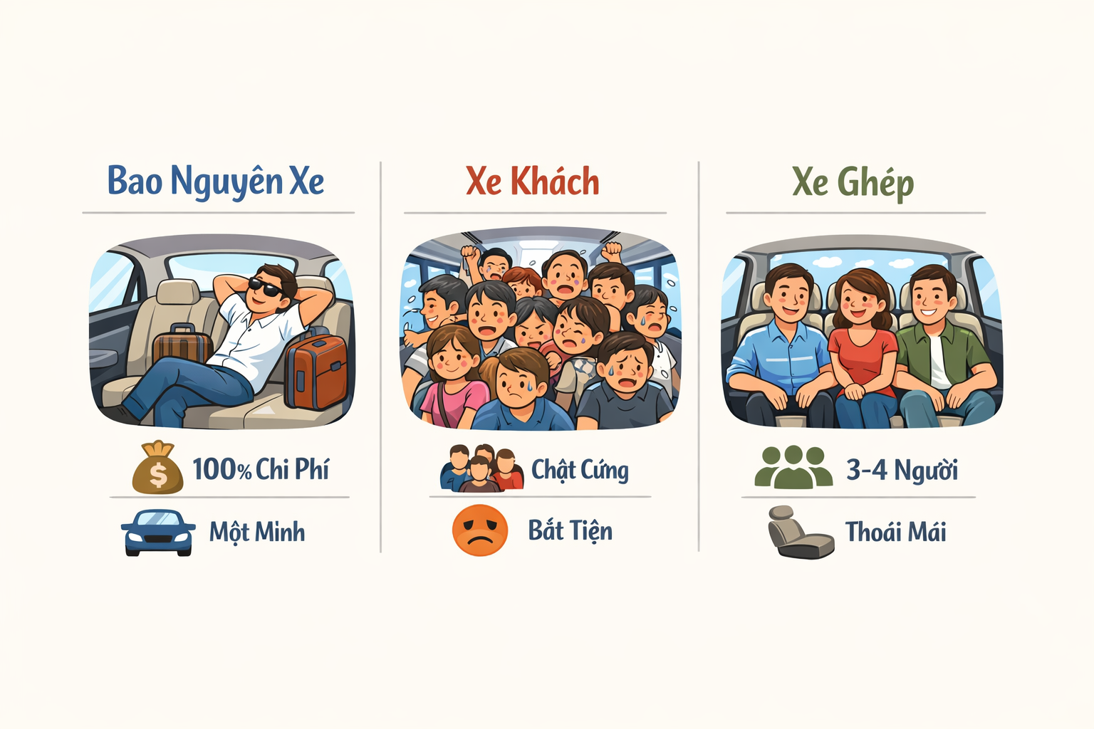 Bao nguyên xe (1 khách gánh 100% phí) - Xe khách (Nhồi nhét đông người) - Xe ghép (3-4 người chia sẻ chi phí, chỗ ngồi rộng rãi)
